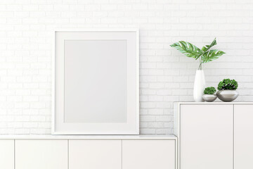 3d rendering of mock up Interior design for living room with picture frame on white wall