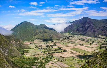 Obraz premium Patchwork quilt agriculture inside of the Pululahua Crater, Pululahua Geobotanical Reserve, Ecuador