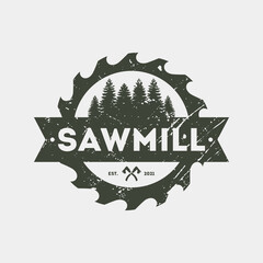sawmill logo design. vintage style, woodworker, lumberjack, vector illustration - obrazy, fototapety, plakaty