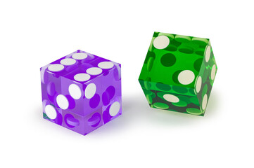 Two glass dice of different colors, blue and green, isolated on white, with a light shadow. The...
