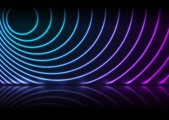 Blue and purple neon laser circles with reflection. Abstract technology retro background. Futuristic glowing vector design.