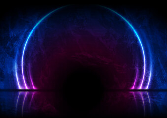 Blue and purple neon laser circles with reflection. Abstract technology grunge wall background. Futuristic glowing vector design