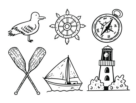 Graphic style doodle sea objects set. Black ink vector illustration. Isolated on white background.