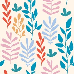 Bright flowers and herbs on a beige background, seamless botanical pattern