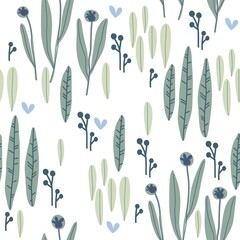 Seamless plant pattern, flower meadow, leaves and flowers on a white background, ideal for drawing on fabric or interior decoration