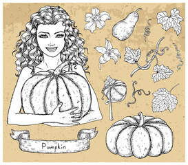 Design set with beautiful woman holding pumpkin and vegetables over textured background.