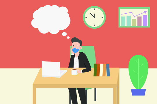 Business vector concept: Young businessman daydreaming on his desk with copy space on cloud speech while wearing face mask