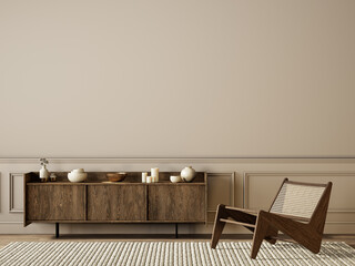 Classic beige interior with dresser, lounge chair, moldings and decor. 3d render illustration mock up.