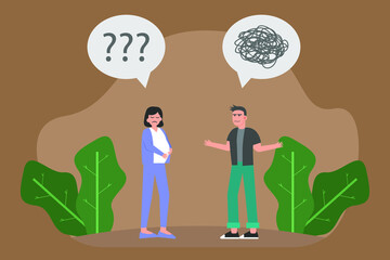 Sadness vector concept: Young pregnant woman crying with big question mark over her head while her boyfriend feeling confused 