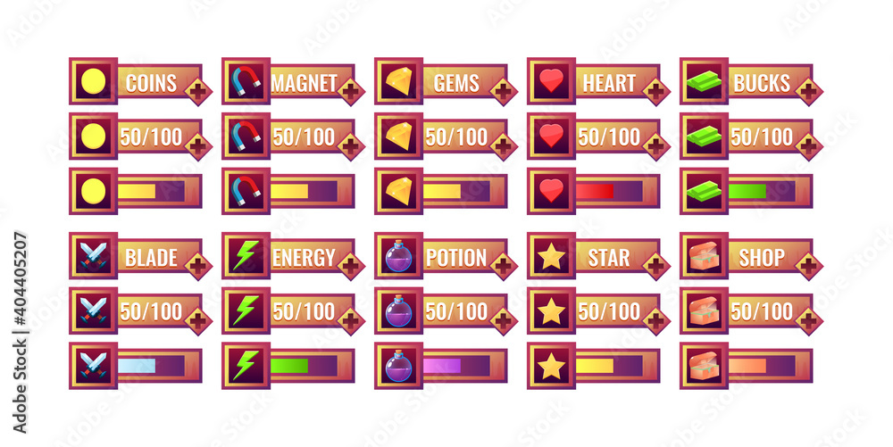 Fototapete big set of old wooden game ui progress bar and additional panel template for gui asset elements