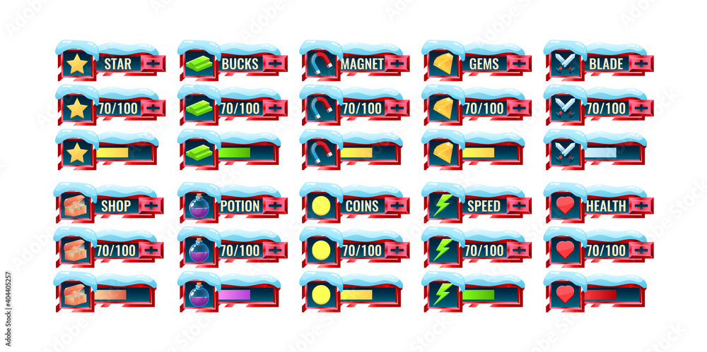 Poster big set of red snow game ui progress bar and additional panel template for gui asset elements
