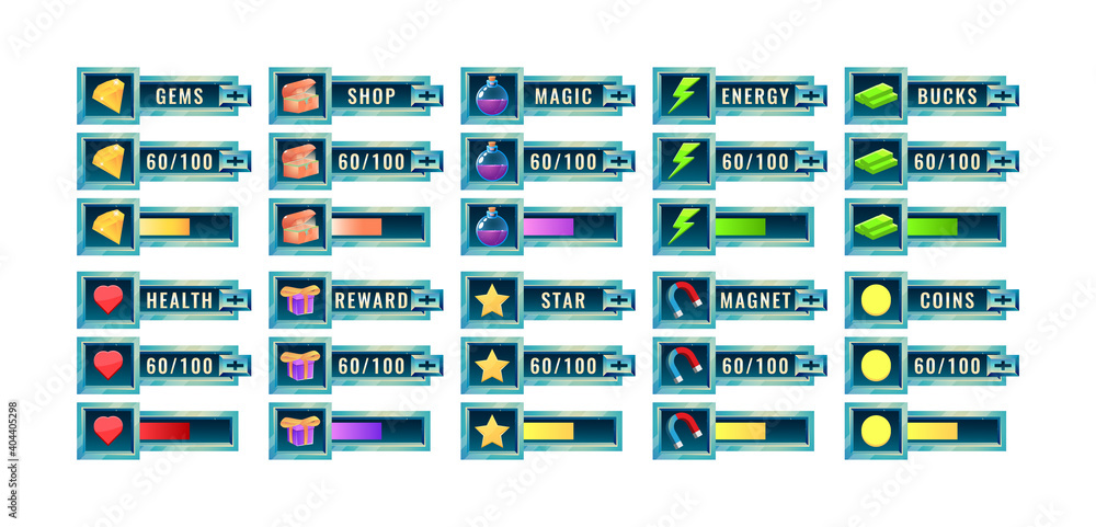 Aufkleber big set of fantasy space game ui progress bar and additional panel template for gui asset elements