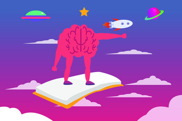 Knowledge vector concept: Brain standing on the book while flying with rocket and planet on the sky