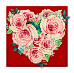 Valentine card with bright pink rose flowers.