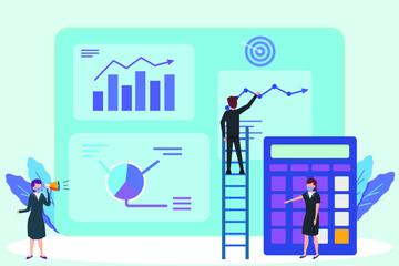 Business team working with financial graph on the virtual screen for data analysis. Data analysis vector concept