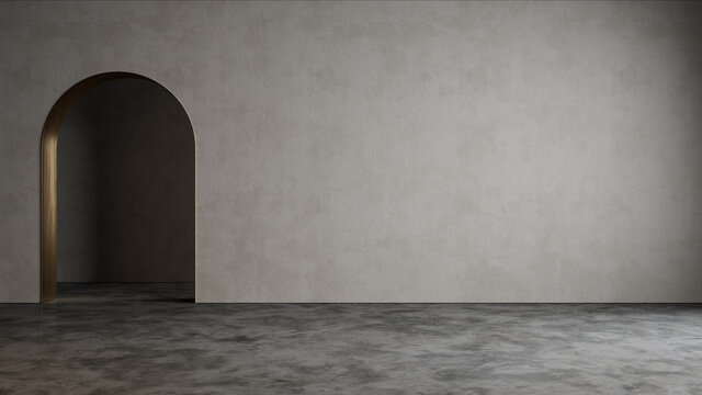 Gray empty interior with blank wall, arc and concrete floor. 3d render illustration mock up.