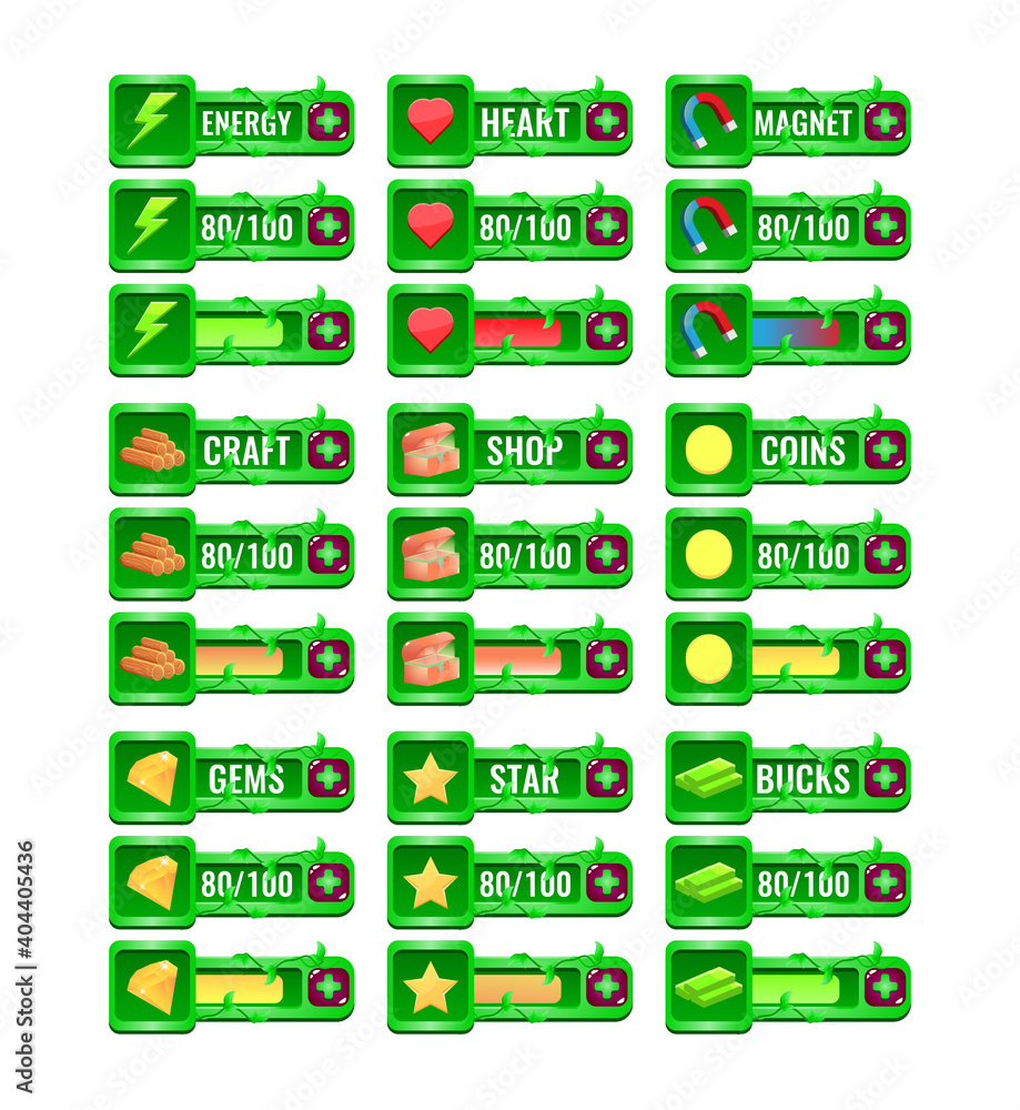 Fototapete big set of game ui wooden nature leaves progress bar and additional panel frame for gui asset elemen