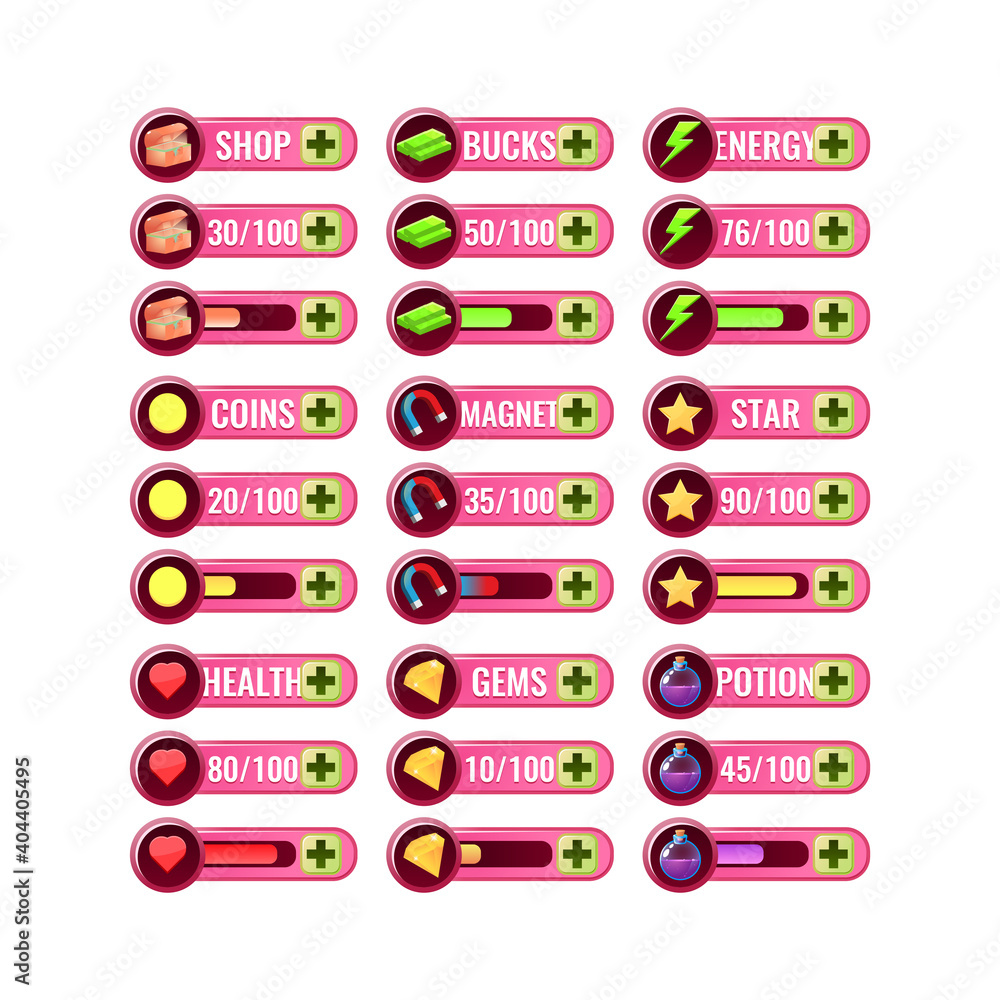 Fototapete big set of funny pink game ui progress bar and additional panel frame for gui asset elements