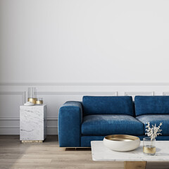 Modern classic white interior with blue sofa and decor. 3d render illustration mock up.
