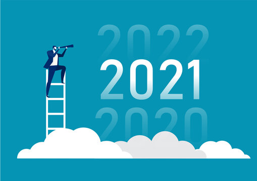 Business vision with binoculars for opportunities in spyglass on 4Q  of 2020,2021,2022,2023  the target futher