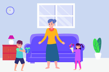 Quality time vector concept: Grandchildren giving gift and flower to their grandmother while standing at home