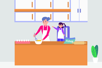 Quality time vector concept: Grandmother and little girl cooking together in the kitchen