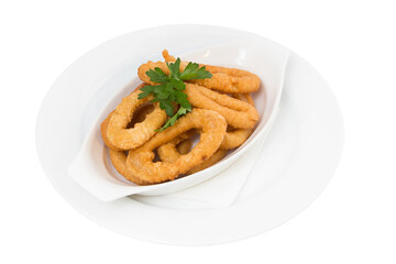 Restaurant service concept. Squid rings baked in batter. Isolated.