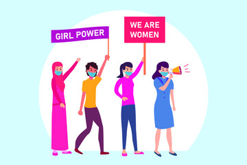 Women's day vector concept: Group of women doing demonstration together while wearing face mask