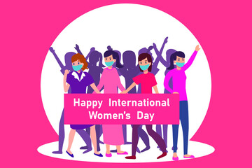 Women's day vector concept: Group of young women in international women's day while wearing face mask together