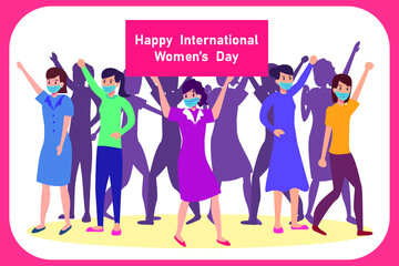 Fototapeta na wymiar Women's day vector concept: Young woman hold happy international women's day text while wearing face mask