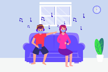 Obraz premium Listening music vector concept: Young couple enjoying music at home together while sitting on the sofa