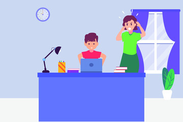 Parenthood vector concept: Young mother feeling angry with her son while looking at her son