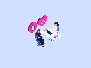 Pregnant woman at a checkup with her female doctor. Isometric vector concept