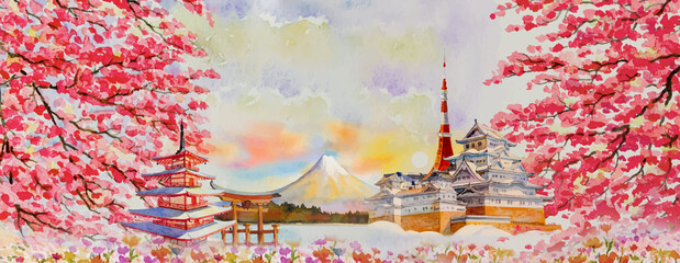 Vector illustration paintings watercolor travel landmarks famous of Japan.