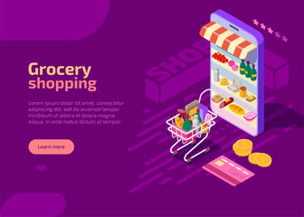 Grocery shopping isometric landing page, web banner on purple background. Supermarket cart full of products. Food storage shelves, racks in market shop on mobile phone. E-commerce online store concept