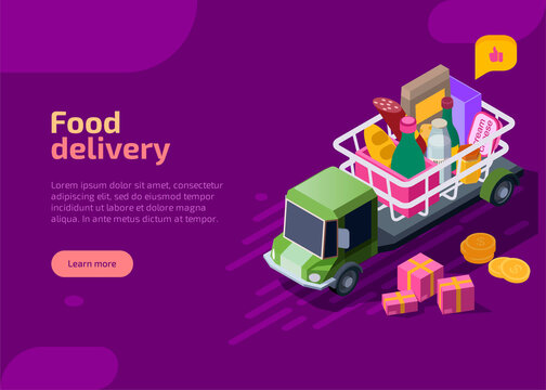 Food delivery isometric landing page. Truck or lorry transportation with shopping basket on top full of food and drink. Meal shipping services. E-commerce online store, market shop concept.