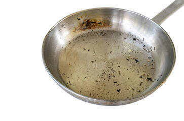 Fototapeta na wymiar Skillet after used to fry food, isolated modern stainless steel skillet or pan with burning mark, used cooking oil in pan and burning small pieces of food. Isolated image on white background.