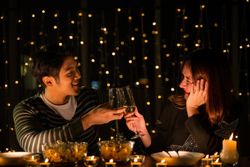 Valentine's day concept, young couple woman and man having love and romantic happy together, present a gift box to girlfriend or boyfriend, Social distancing by stay isolated living at home
