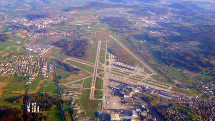 ZURICH, SWITZERLAND - 15th APRIL 2015: Aerial view of the multiple runways and terminals at Zurich international airport