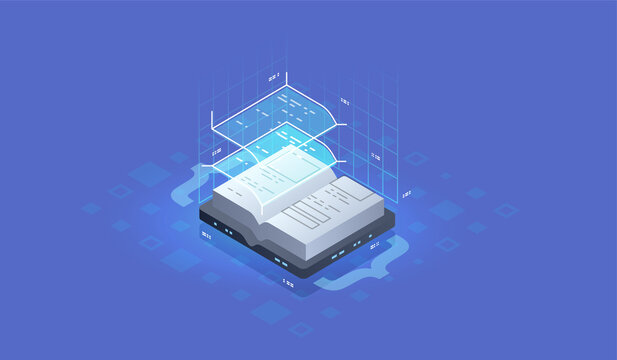 Development and software. Concept of programming, data processing. Source code icon. Isometric concept for Digital Reading, E-classroom Textbook.