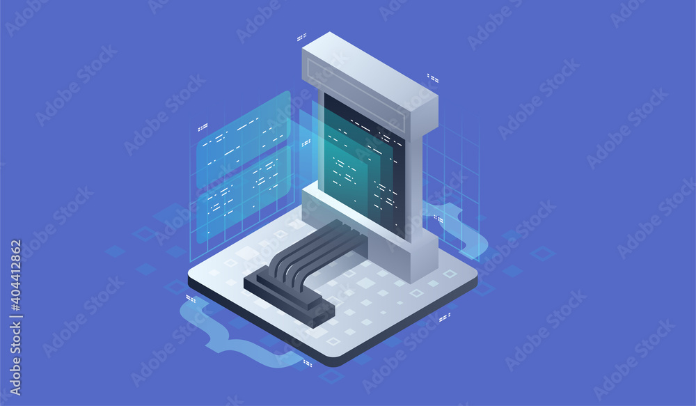 Poster software development, concept of programming, data processing. isometric vector illustration.