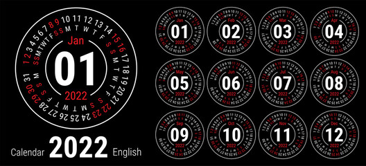 Calendar 2022. Vector English round calender. January, February, March, April, May, June, July, August, September, October, November, December. Sunday. Design template. Circle. Black color