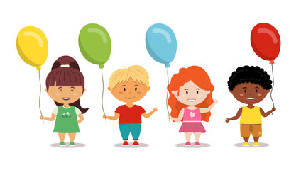 Cute Kids with colorful balloons. Vector illustration.