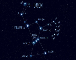 Orion constellation, vector illustration with the names of basic stars against the starry sky - obrazy, fototapety, plakaty