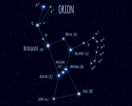 Orion constellation, vector illustration with the names of basic stars against the starry sky