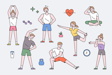 People character exercising. People are doing warm-up exercises in various movements. flat design style minimal vector illustration.