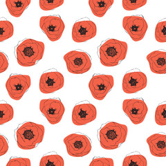 Seamless pattern with poppies. Linear doodle art.