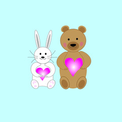 Kawaii rabbit with heart and bear with heart on light blue background, Valentine's Day concept