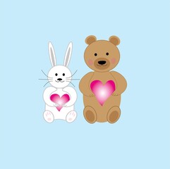 Kawaii rabbit with heart and bear with heart on light blue background, Valentine's Day concept