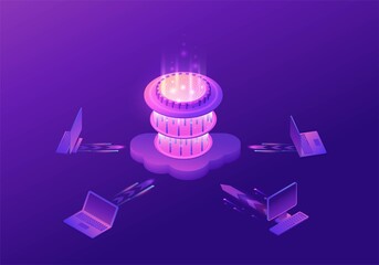 Quantum computer futuristic processor, chip with network, isometric vector illustration, glowing purple design, innovation cloud computing technology